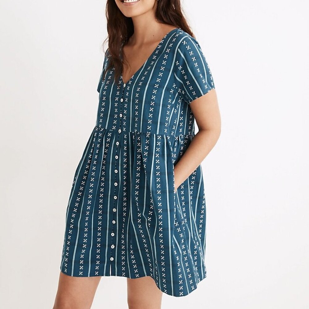 Madewell Alexandra Button-Front Mini Dress in Jacquard Stripe, blue, XXL, EUC